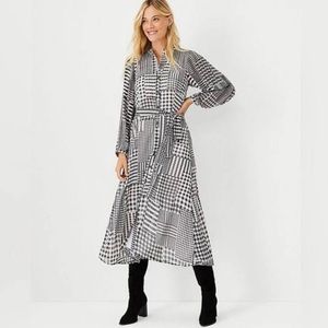 Ann Taylor Black White Houndstooth Button Up Belted Lined Midi Size XS